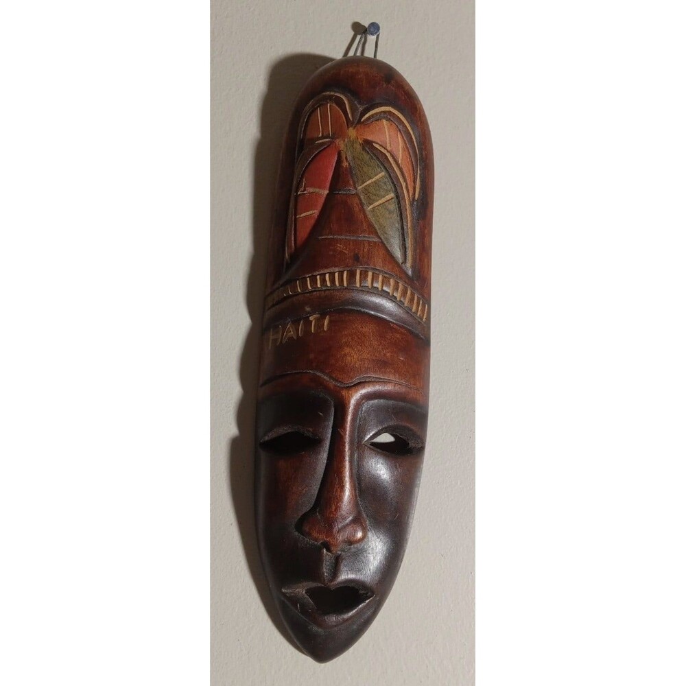 Vintage Caribbean Haitian Culture Hand Carved Stained Wall Mount Mask